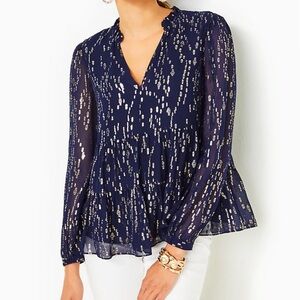 Lilly Pulitzer Sarita Long Sleeve Silk Top True Navy Fish Clip Chiffon